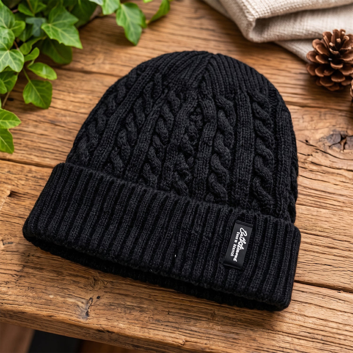 Wukusy winter cable knit beanie cap with fleece lining and folded ribbed cuff, shown in a close-up view of the knit texture
