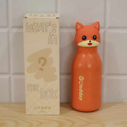 Kids Stainless Steel Vacuum Water Bottle With Cute Fox Cap And Straw For School