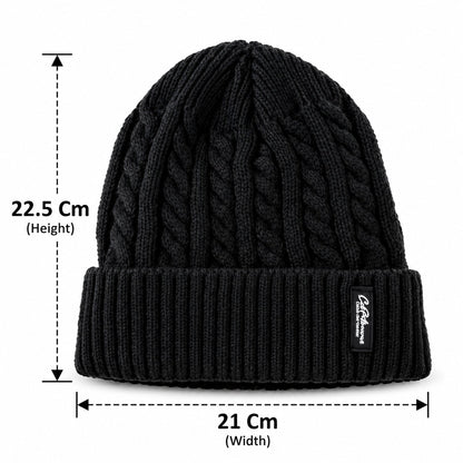 Wukusy winter cable knit beanie cap with fleece lining and folded ribbed cuff, shown in a close-up view.