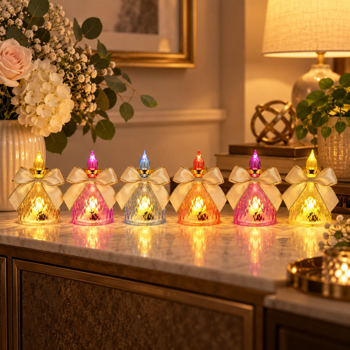 Set of six Wukusy decorative flameless LED candle lights with bows, ideal for home decor and ambient lighting.
