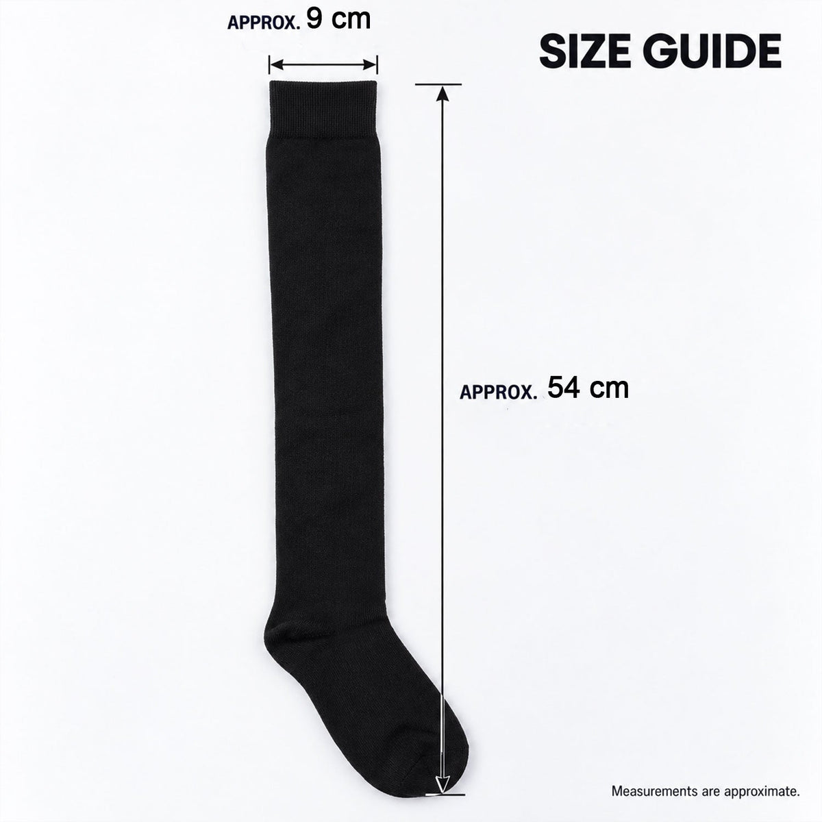 Pair of Wukusy long soft stretchable over knee socks in black and gray for casual wear, shown laid flat with ribbed cuffs.