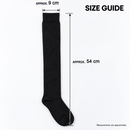 Pair of Wukusy long soft stretchable over knee socks in black and gray for casual wear, shown laid flat with ribbed cuffs.