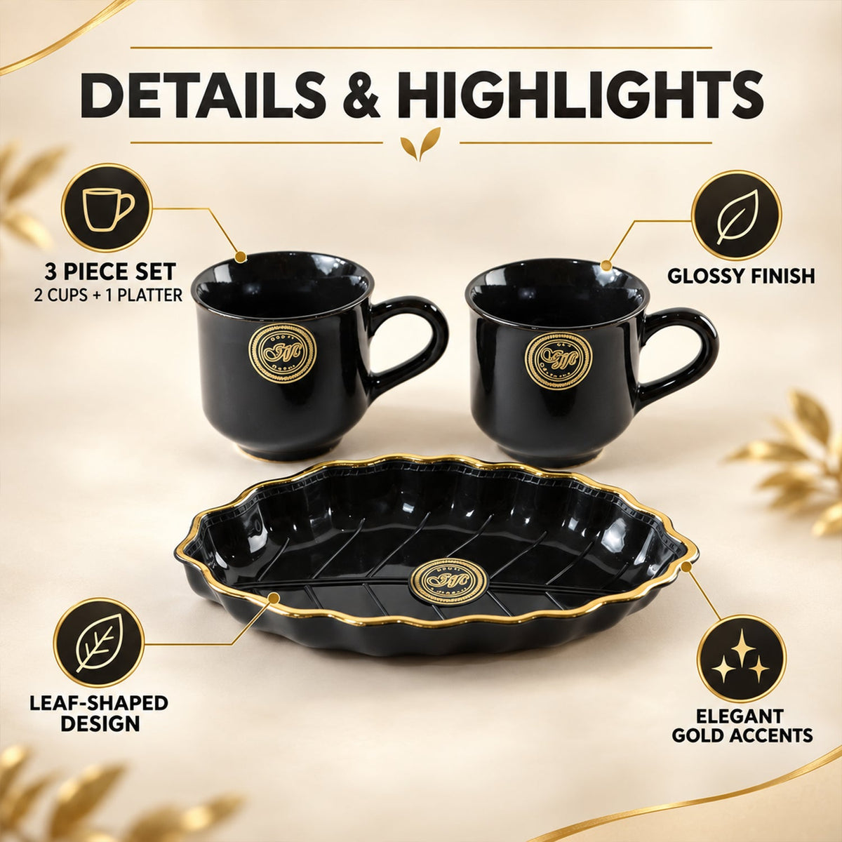 Wukusy tea and coffee cup set with a leaf-shaped platter for biscuits, featuring three matching pieces for serving beverages and snacks.