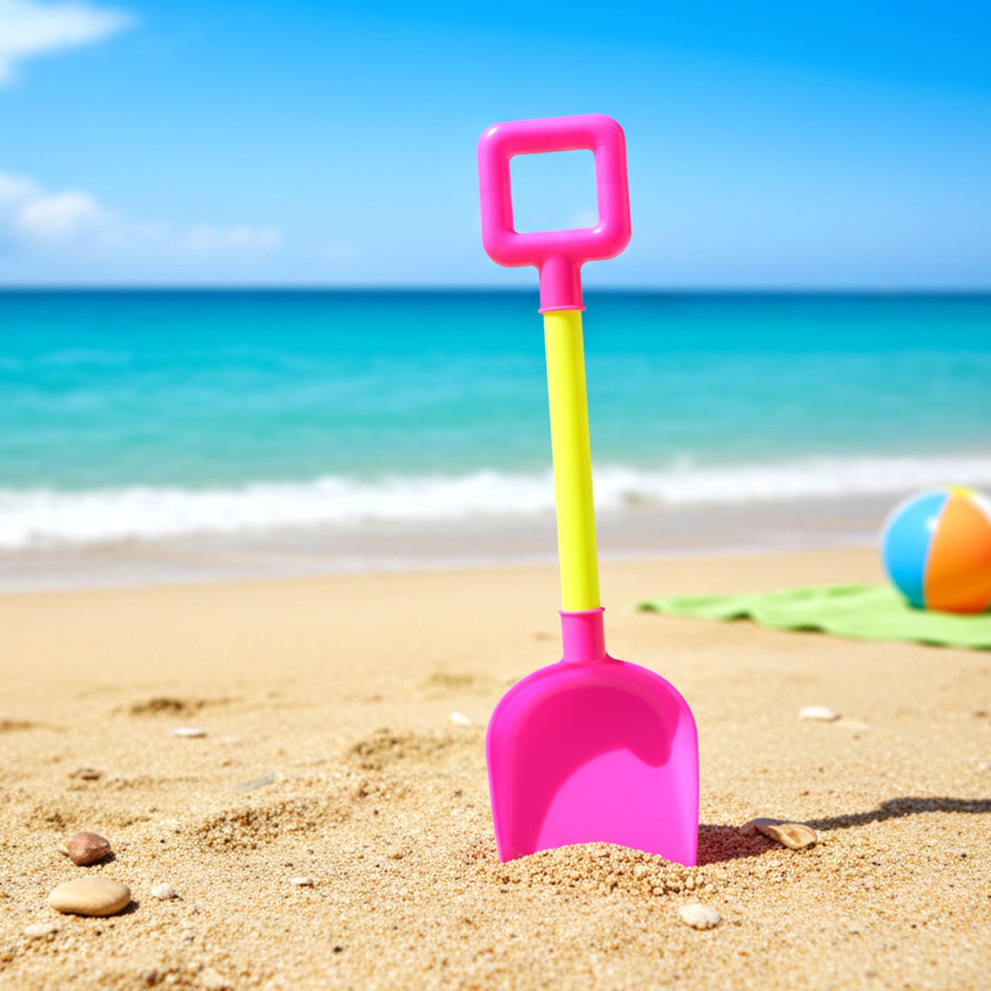 Kids beach sand shovel toy by Wukusy, colorful plastic design for children’s outdoor play and sandcastle building.