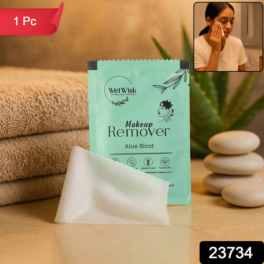 Wukusy makeup remover wet wipe for facial cleansing, showing a single moist wipe with soft texture and packaging.