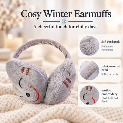 Wukusy smiley plush winter ear muffs with soft fabric and adorable smiley face for cold weather warmth and comfort.