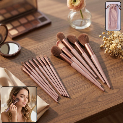 Wukusy professional makeup brush set with 13 soft synthetic brushes and matching pouch, ideal for flawless makeup application.