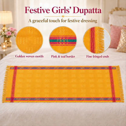 Wukusy festive shawl dupatta with contrast striped borders, 126x48 cm, featuring vibrant traditional design and soft fabric.