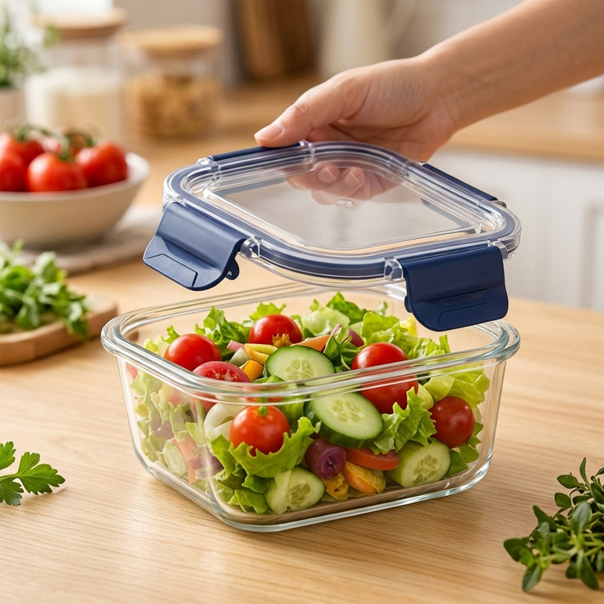 Wukusy 320ml square glass food storage container with smart lock lid