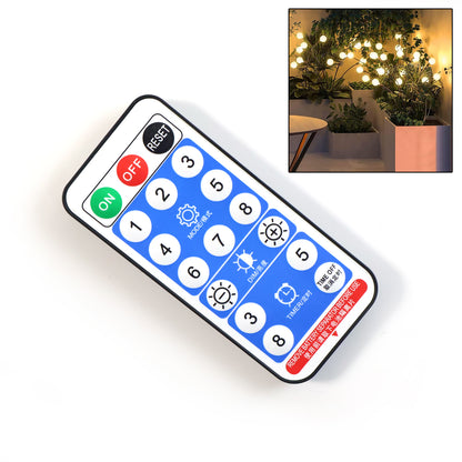 Wukusy solar-powered warm white garden ball lights set, decorative outdoor string lights with glowing round orbs, on a garden path.