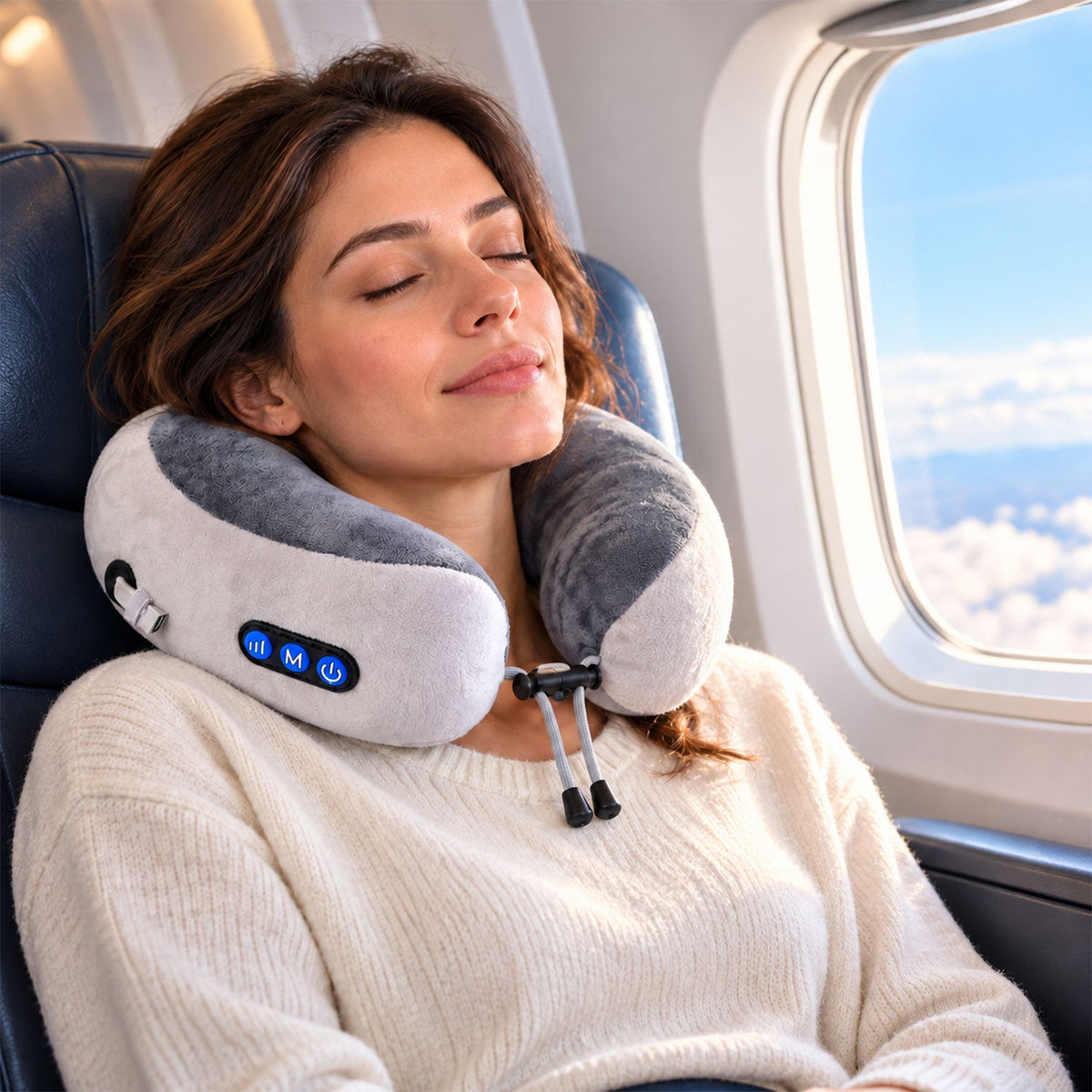 Wukusy electric U-shape neck massage pillow with heat feature, USB charging, designed for travel comfort, shown in black fabric.