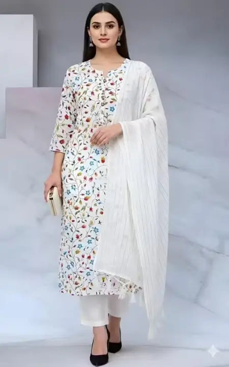 Women’s Cotton Kurta Set – White Printed Kurta with Pant & Dupatta (XXS to XXXL)