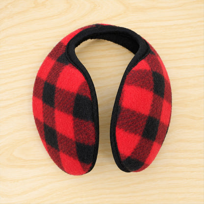 Wukusy check pattern winter ear muffs with behind neck band, warm and cozy for daily use, front view showing soft fabric and pattern.