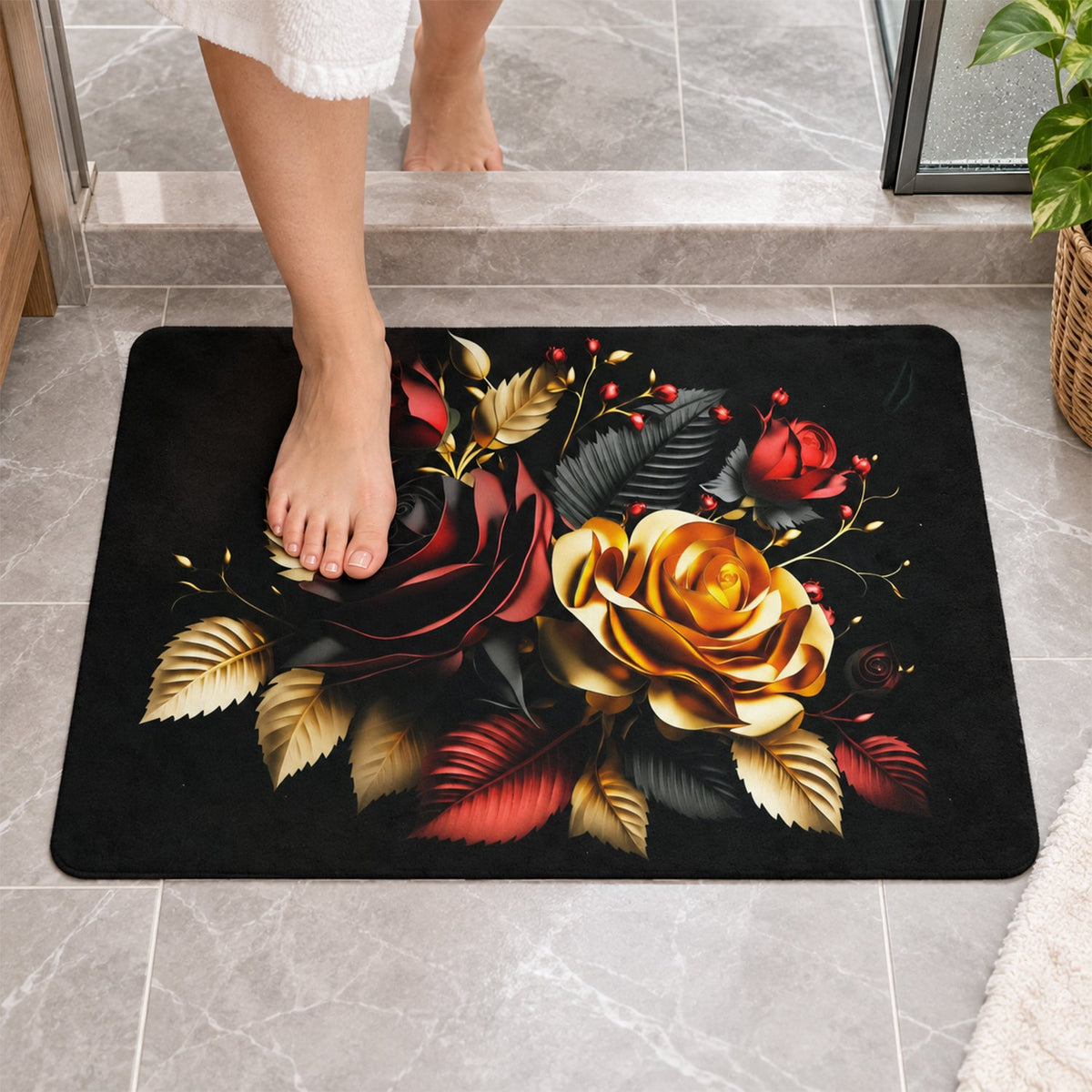 Decorative floral rose print bathroom floor mat by Wukusy, indoor use, 58x38 cm, featuring colorful rose design for bathroom decor.