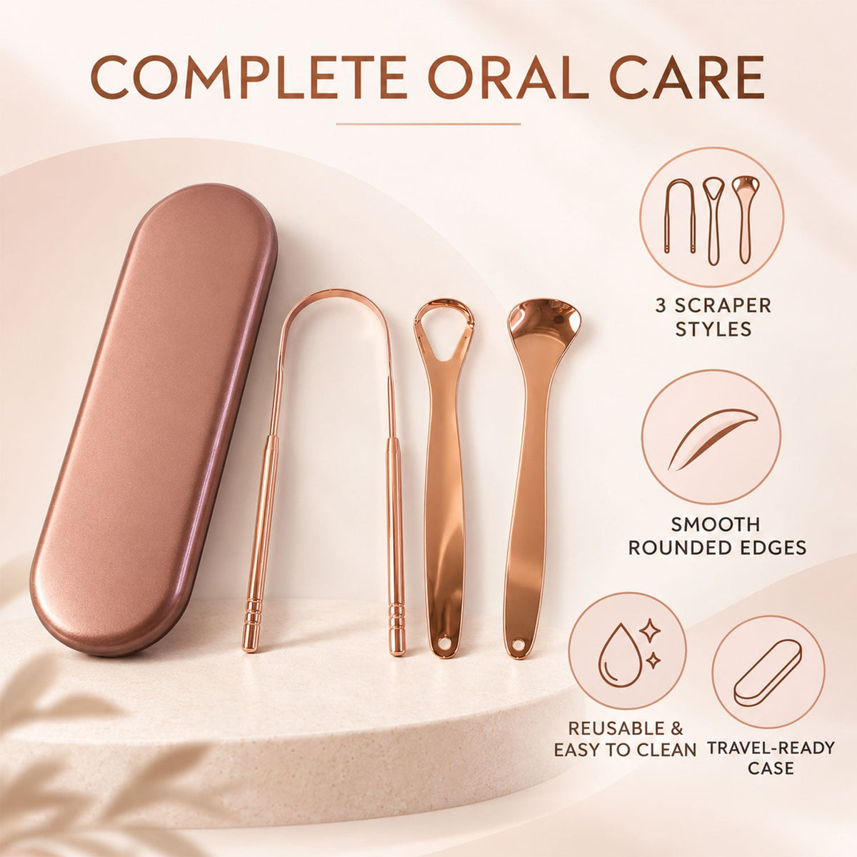 Wukusy stainless steel 3-in-1 tongue cleaner set with travel case for daily oral hygiene, showing the tools and case.