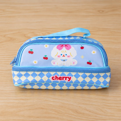 Wukusy printed zipper pouch with top handle for makeup and stationery, 24x15 cm, featuring colorful design and durable fabric.