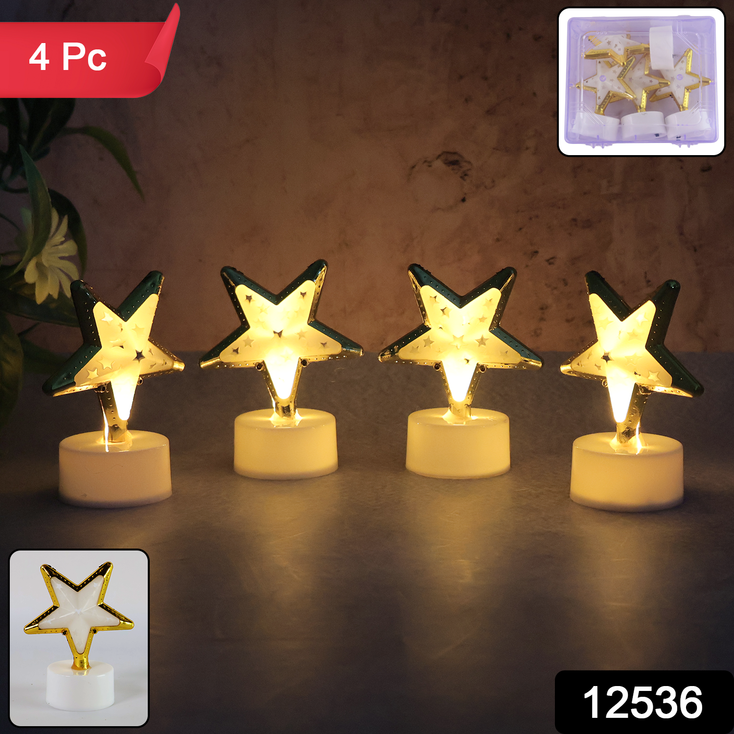 Set of four Wukusy star-shaped flameless LED candles for home decor, featuring warm light and decorative star design