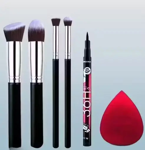 Face Powder Eyeshadow Brush Set with Blender Sponge Puff & Eyeliner Pencil