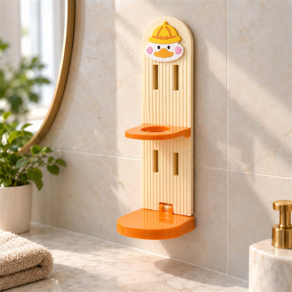 Wukusy wall-mounted bottle storage rack with adjustable collar for bath or sink, shown mounted on a bathroom wall.