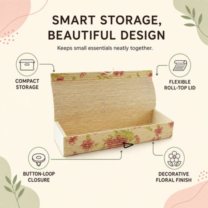 Decorative Wooden Floral Empty Storage Box With Roll Top Lid For Home (1 Piece)