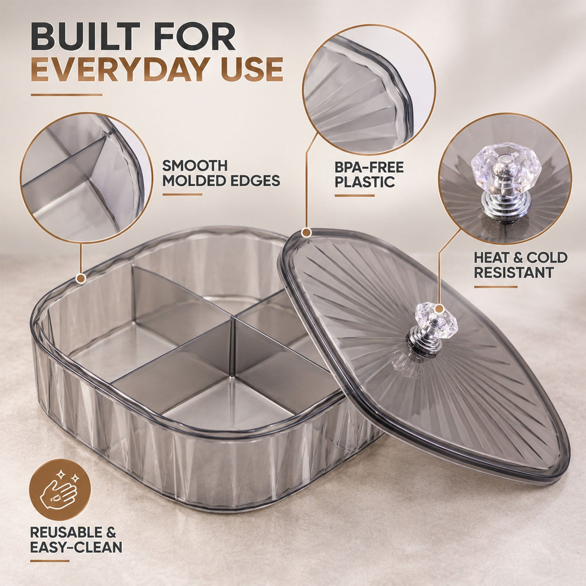 Wukusy dry fruit storage box with lid featuring four compartments for nuts and snacks, made of clear plastic.