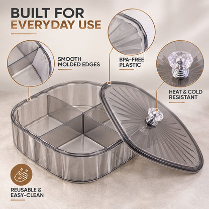 Wukusy dry fruit storage box with lid featuring four compartments for nuts and snacks, made of clear plastic.