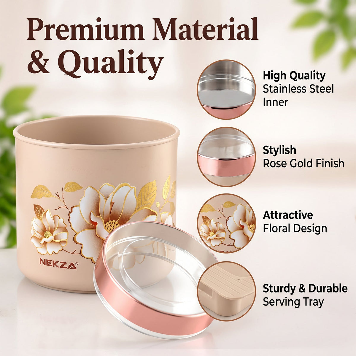 Wukusy golden dry fruit containers with stainless steel inner bowls and serving tray, 4-piece set for elegant storage and presentation.