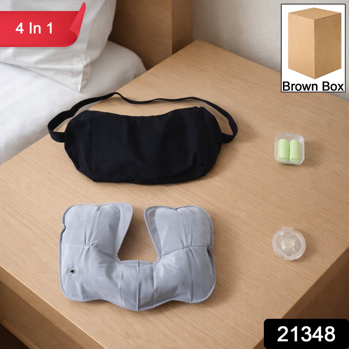 Wukusy 4-in-1 travel comfort sleep kit with eye mask, neck pillow, earplugs, and blanket for restful travel.