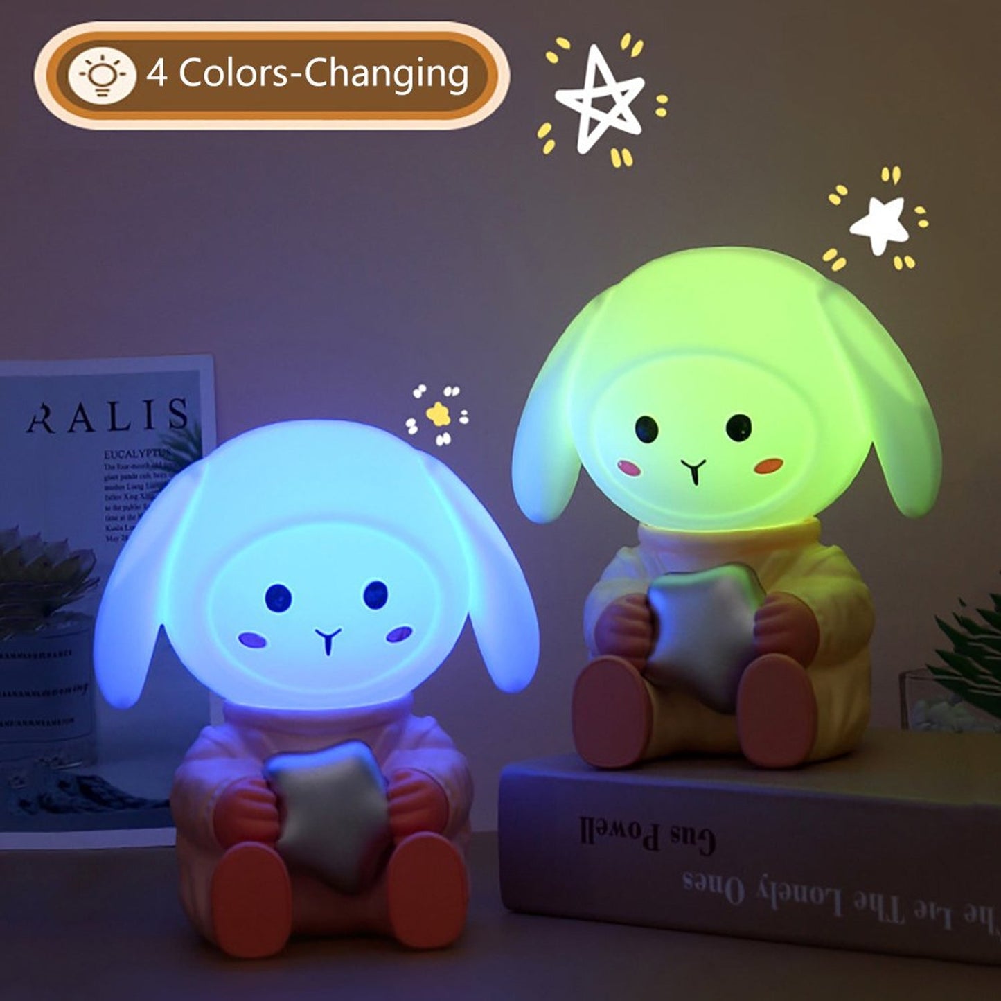 Wukusy rabbit LED night light with mobile phone stand on bedroom or study table, soft glow, child-friendly design