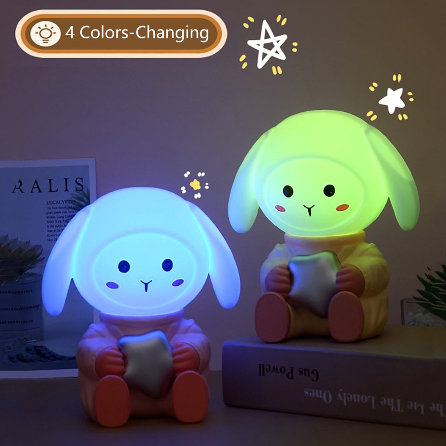 Wukusy rabbit LED night light with mobile phone stand on bedroom or study table, soft glow, child-friendly design