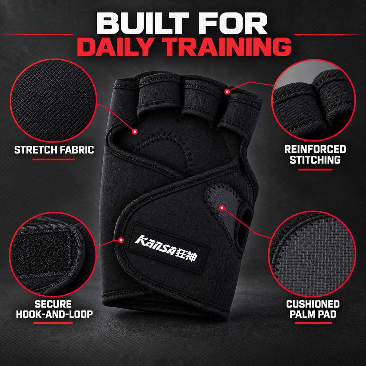 Wukusy half finger gym gloves with padded palms for weight lifting and training, showing the gloves on hands with grip features