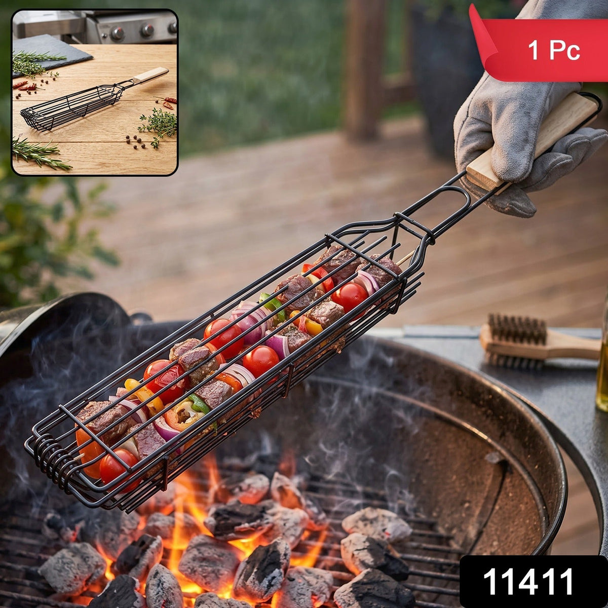 Metal Barbecue Grill Basket With Wooden Handle For Outdoor Bbq Cooking (1 Piece)