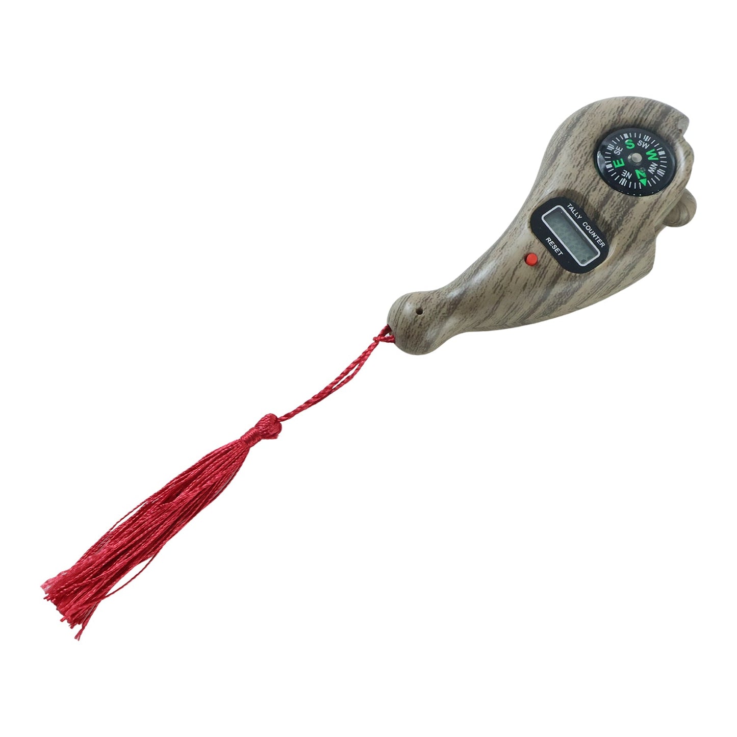 Wukusy wooden digital tasbih counter handheld LCD device with compass, used for counting mantra jaap, close-up view.