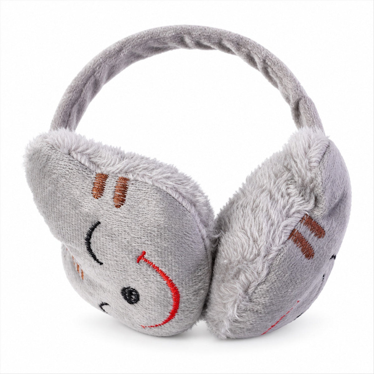 Wukusy smiley plush winter ear muffs, soft and warm, designed for cold weather wear, featuring a cheerful smiley face on the plush exterior.