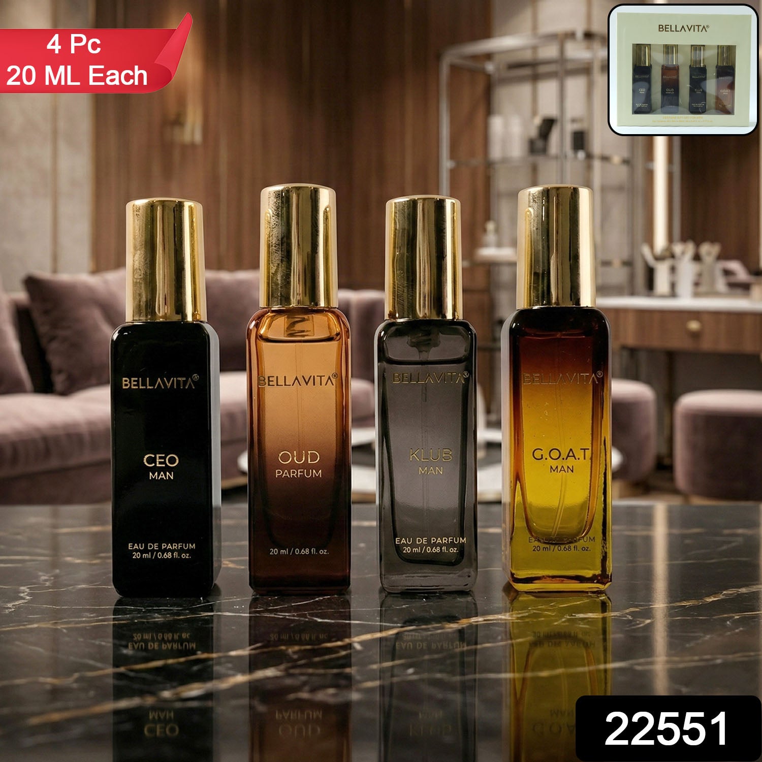 Bellavita Mens Luxury Perfume Gift Set (4 Pc 20 Ml Each)