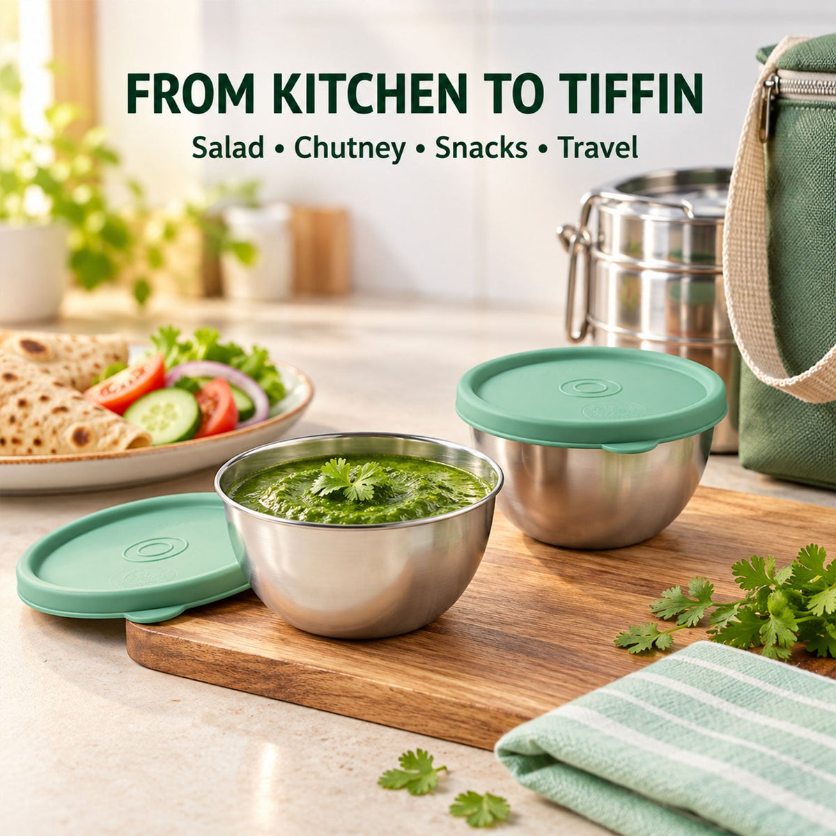 Wukusy Apex stainless steel container 400ml with lid, part of a 2-piece kitchen gift set, showing the sleek container with lid.