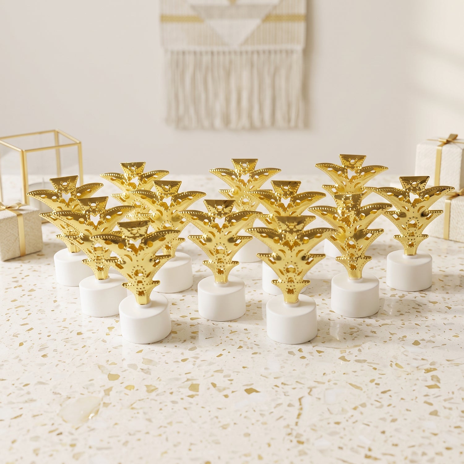 Set of 12 Wukusy Golden Christmas Tree LED tealight candles for home and festive holiday decor, with warm glowing light.