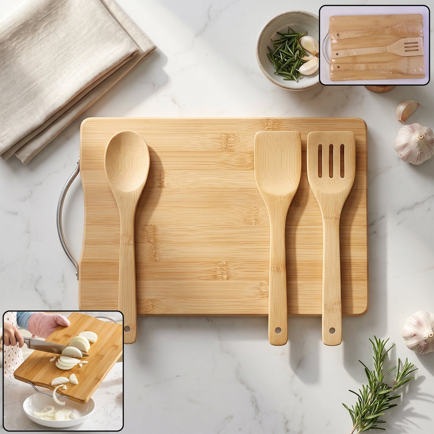 Wooden Cutting Board Combo Set With Bamboo Spoon Spatula And Turner (4 Pc Set)