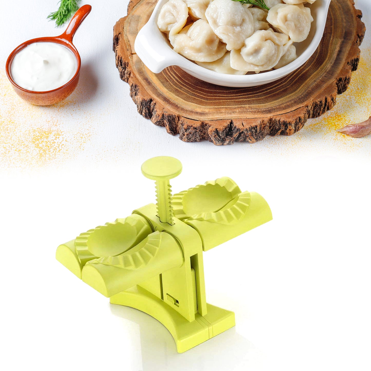 Wukusy double-head dumpling maker mold with two compartments for easy household dumpling wrapping and shaping.