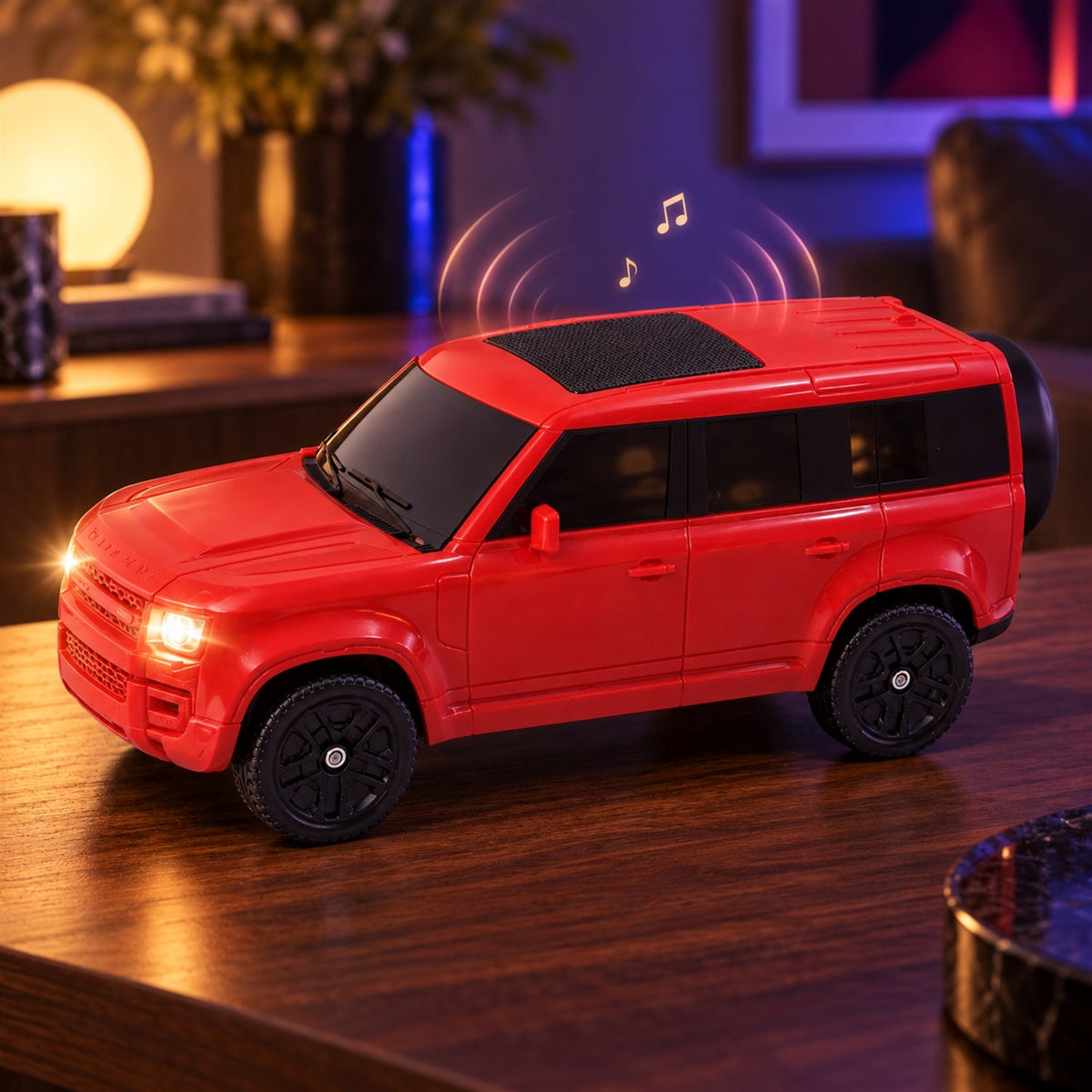 Wukusy car-shaped wireless speaker with light-up headlights and audio controls, featuring a sleek design and compact size.