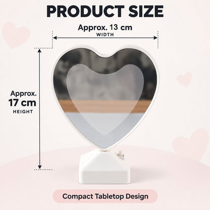 Heart-shaped LED mirror photo frame with warm light, tabletop home decor by Wukusy, displaying a personalized photo.