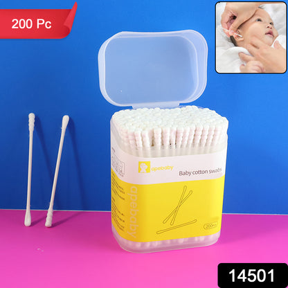 Wukusy premium ultra-soft baby cotton swabs, 200 pieces, with rounded cotton tips and plastic sticks for gentle ear cleaning.