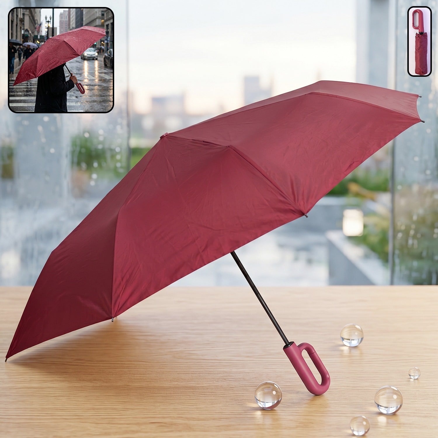 Wukusy portable windproof travel umbrella, compact and durable, shown open with rain and sun protection in a travel setting.