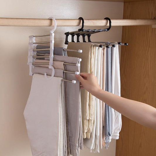 Wukusy adjustable trouser pants hanger organizer with multiple clips for hanging and organizing pants or trousers.