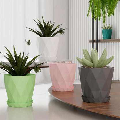 Diamond Design Plastic Flower Pot Set With Drain Tray (5 Pc)