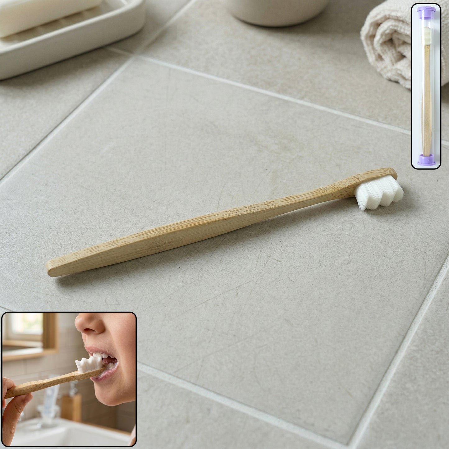 Wukusy natural wooden handle toothbrush with case, eco-friendly design, showcasing the wooden handle and protective case.