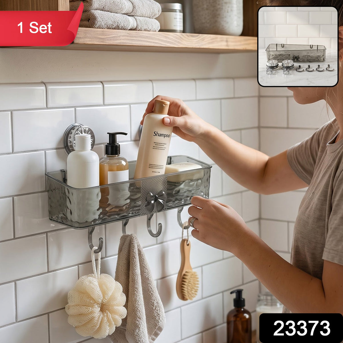 Wall Mounted Bathroom Storage Shelf With Suction Cups And Hanging Hooks (1 Set)