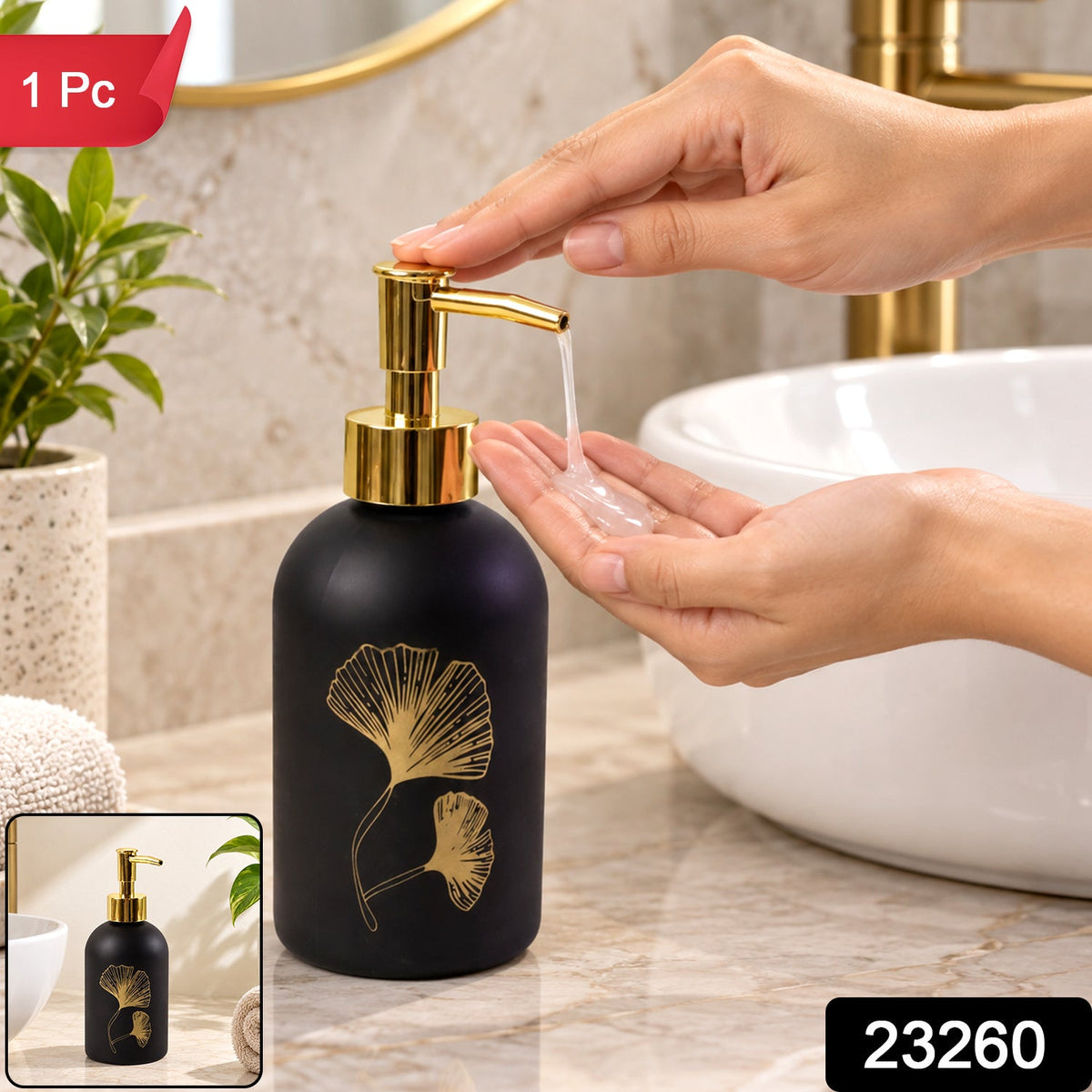 Wukusy manual liquid soap dispenser with leaf design and refillable pump bottle, featuring a clear plastic bottle and decorative leaf accents