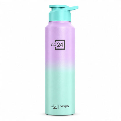 Wukusy stainless steel water bottle with carry loop, 1000ml, suitable for office and travel, shiny silver finish, close-up view