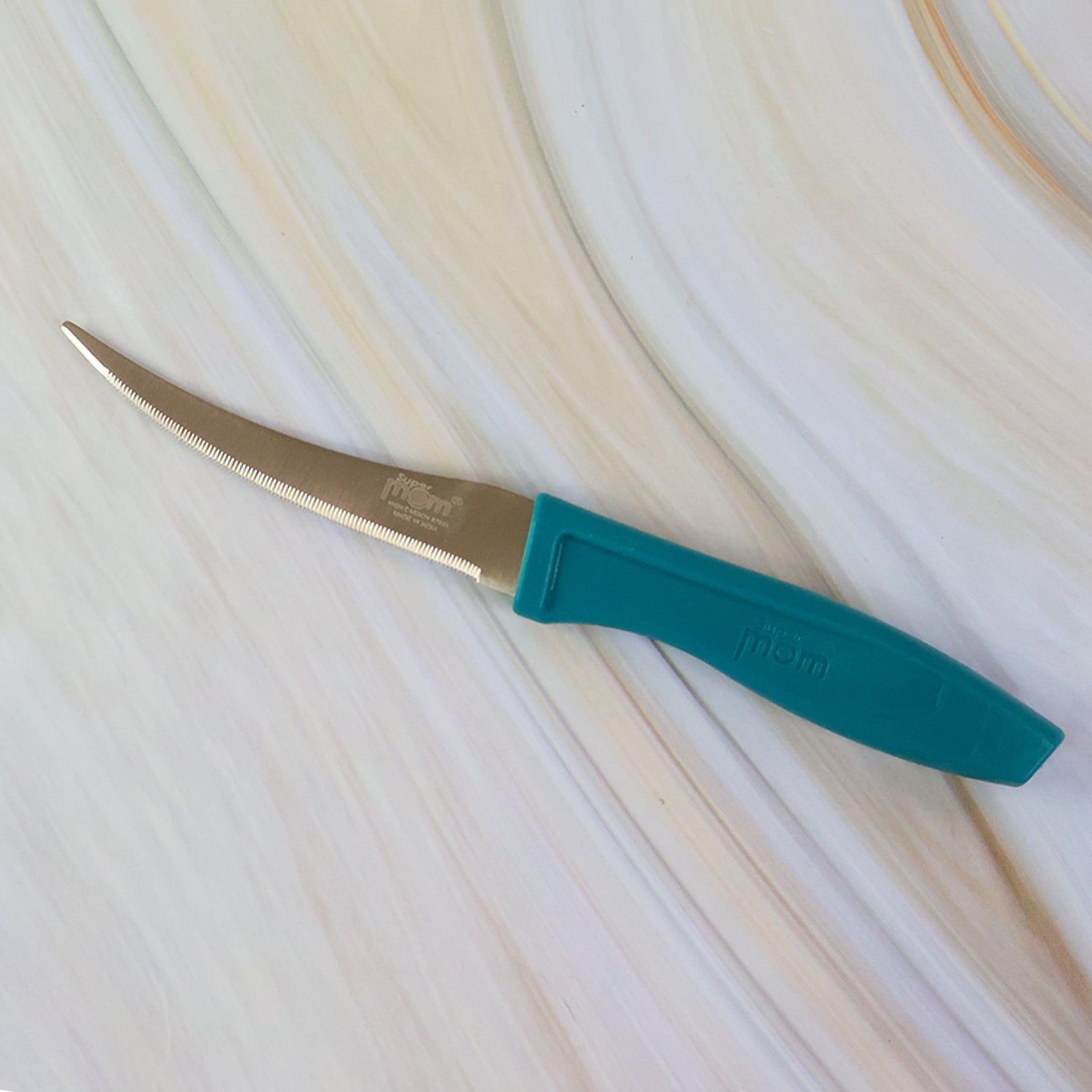 Wukusy Supermom premium stainless steel tomato knife with ergonomic handle, ideal for slicing fresh tomatoes in kitchen.